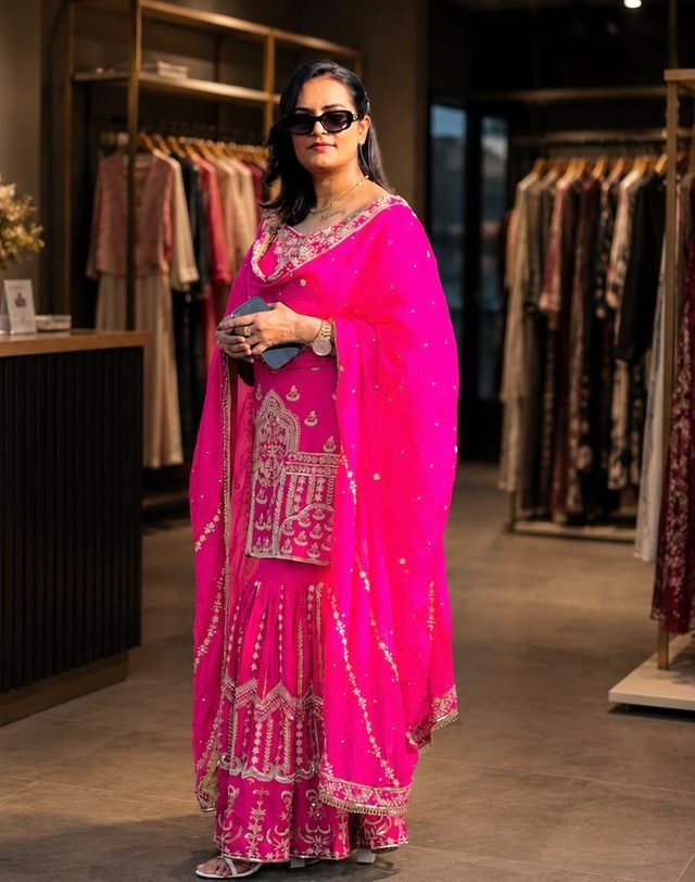 Woman in sunglasses wearing a hot-pink embroidered sharara set with a dupatta inside a clothing boutique